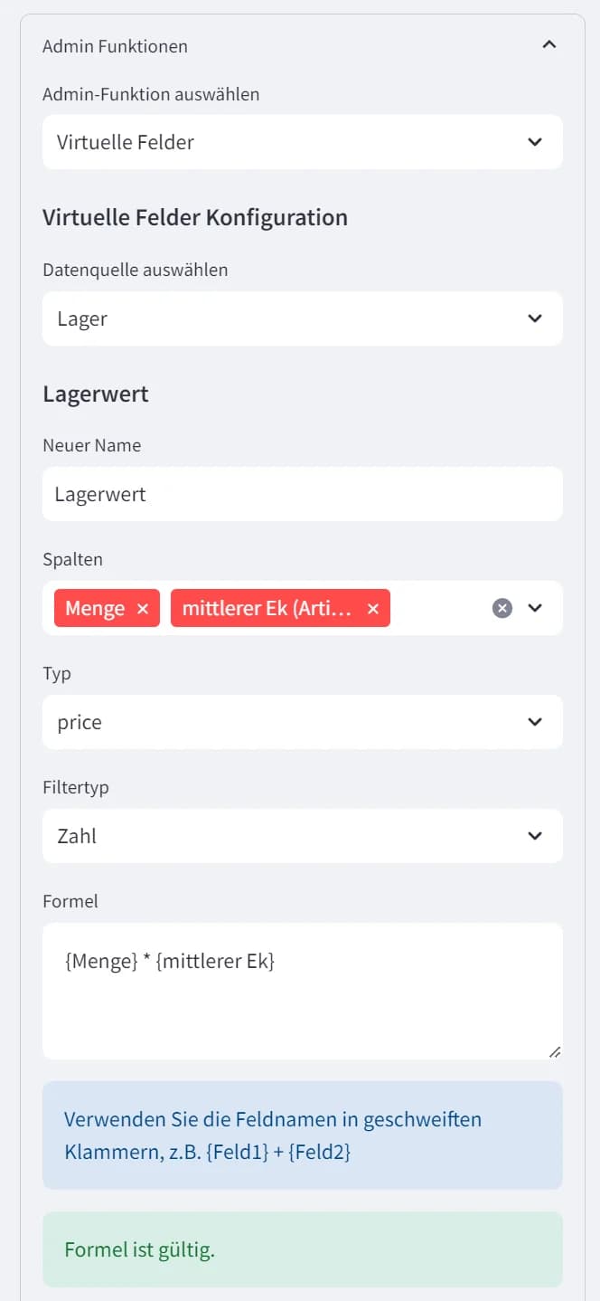 Virtuelle Felder – Formeleditor